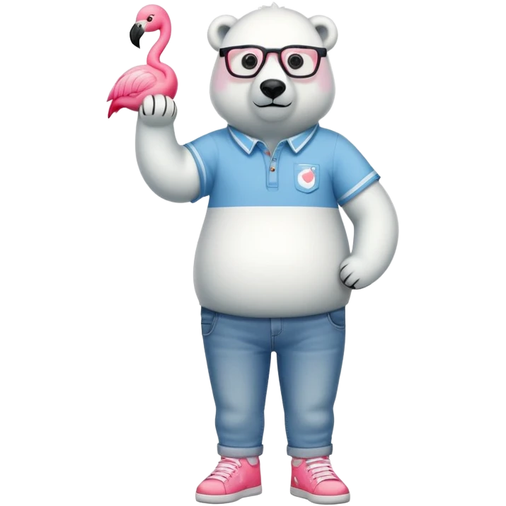 friendly anthropomorphised polar bear standing upright, chilled and unbothered, wearing a shirt, jeans, trainers, glasses with flamingo frame design emoji
