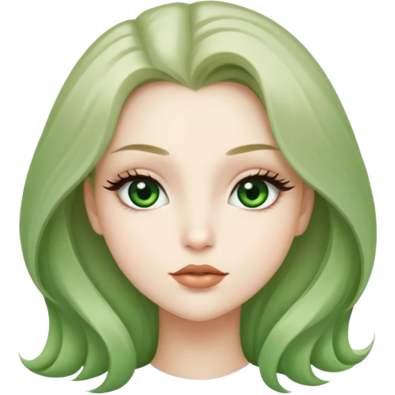 A girl with bright white eyes, green lips, and long, prominent eyelashes. Her hair is very light brown, long, and silky. Her features are soft and delicate.  emoji