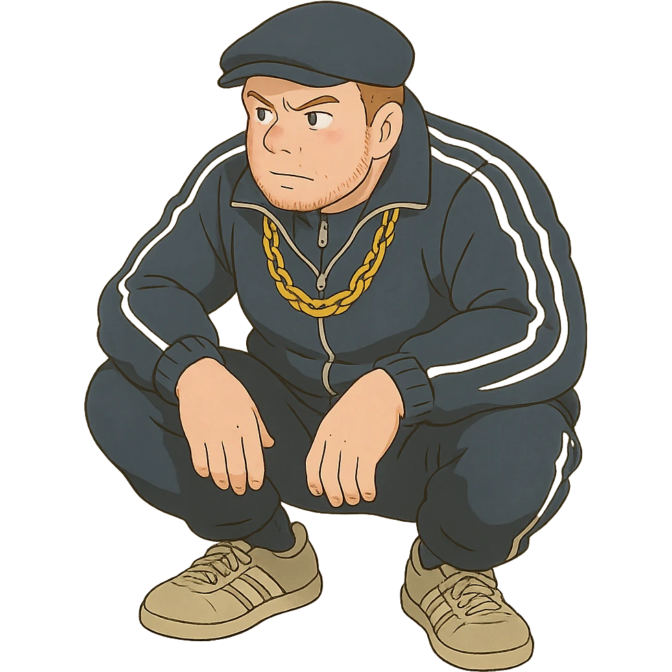 ghibli style Russian gangster squatting, wearing a tracksuit and gold chain emoji