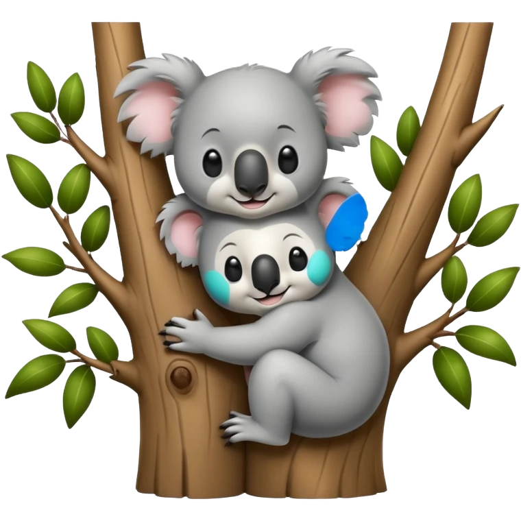 Black and white only; Koala and tree character hugging each other, add a face to the tree emoji