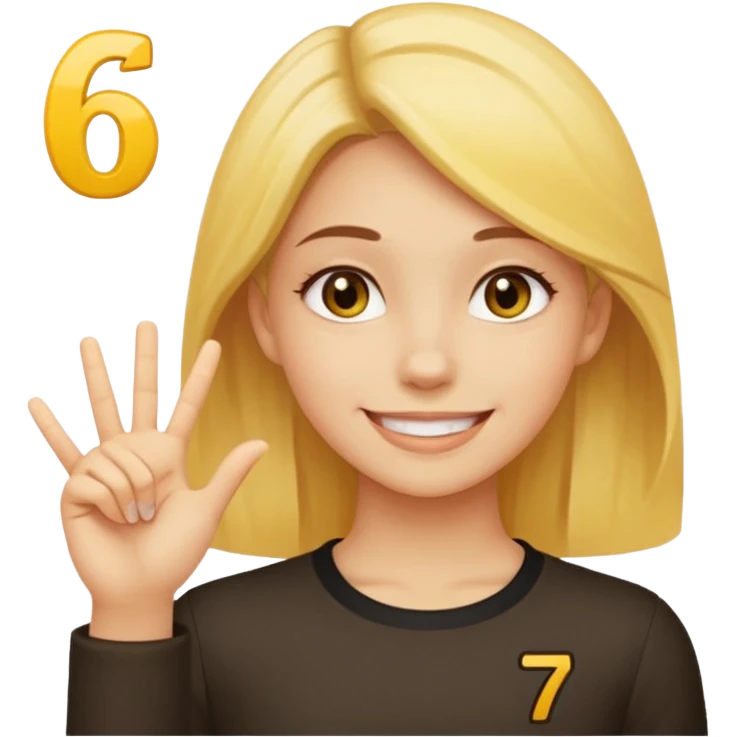 yellow smiling face girl with one hand flat under chin. With the number 6 on the left hand and the number 7 on the right hand emoji