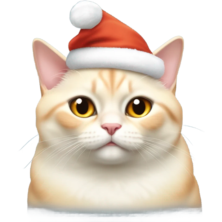 chubby fat, flame point Siamese, short fur, with white fur with orange accents, and blue eyes, smiling, wearing a red santa hat  emoji