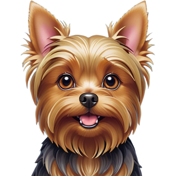 Cinematic Comical Yorkshire Terrier Portrait Emoji, Head tilted dramatically with an exaggeratedly surprised, comical expression and wide, expressive eyes, featuring a perky, well-groomed fur in rich hues, simplified yet hilariously detailed, glowing with a bold, sassy radiance, high shine, exuding playful mischief and cheeky terrier attitude, styled with a soft glowing outline, capturing the essence of a Yorkshire Terrier that appears ready to comically dash out of the frame! emoji