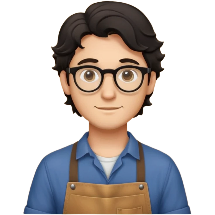 Young caucasian man with black wavy hair, round glasses, brown carpentry apron over a shirt, woodworker emoji