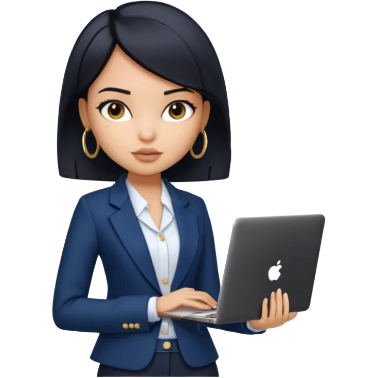 a pretty bratz girl with straight black short hair wearing a dark blue blazer and carrying a laptop. gold small hoops emoji