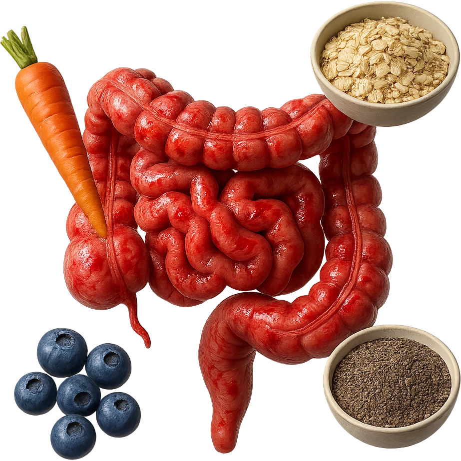 intestino umano anatomico infiammato al centro con carota, bowl di avena, mirtilli, bowl di semi di chia che gli fluttuano intorno , iperrealistico 4k emoji
