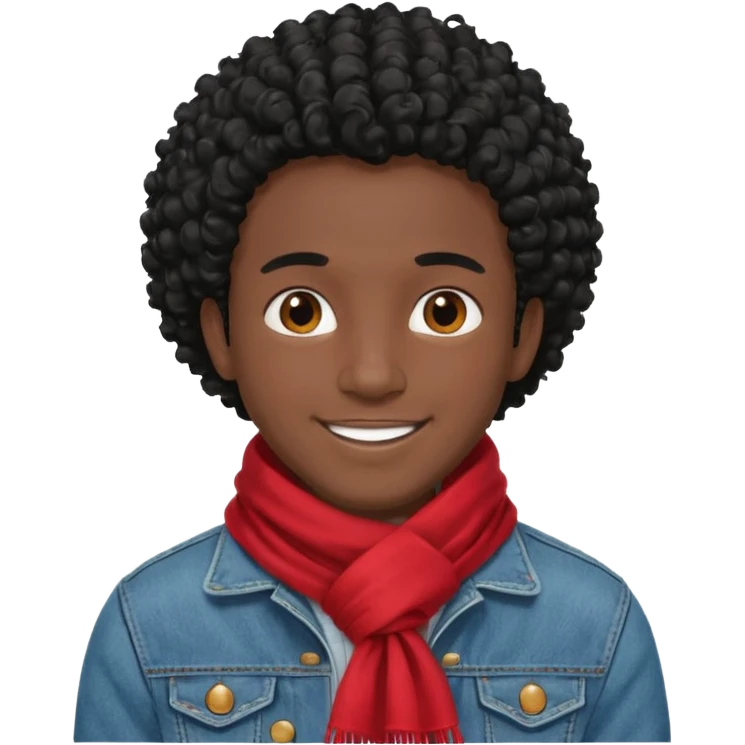 black skin man, curly black hair wear red scraft, jean jacket emoji