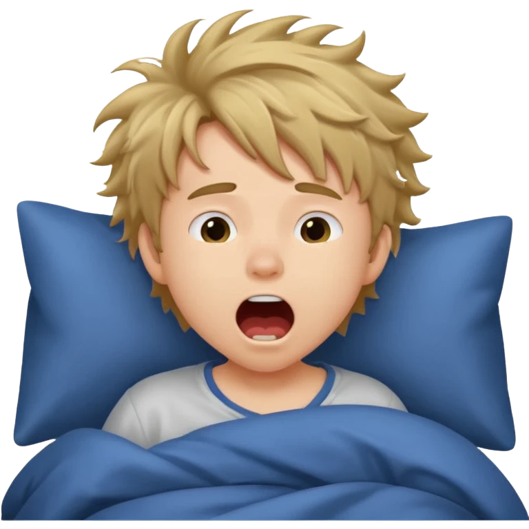 emoji- of a cute boy waking up in bed. He is yawning or rubbing his eyes.  emoji