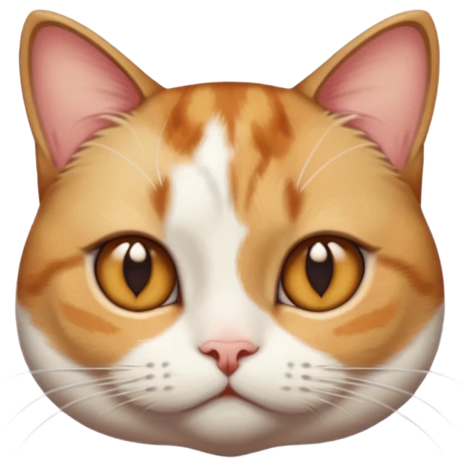 torbie and white cat with small head, hazel eyes, and short but chubby body emoji