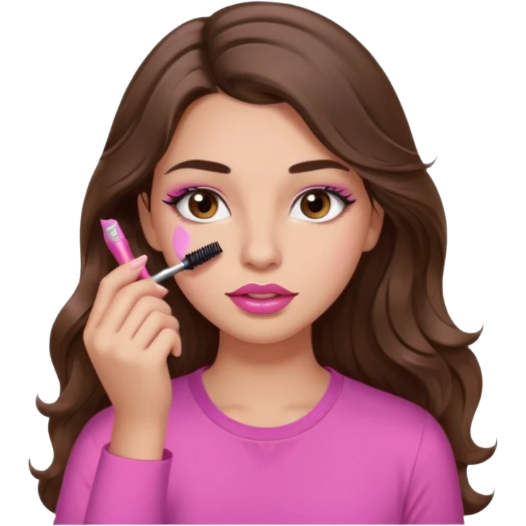 girl with long wavy brown hair, brown eyes, light to medium complexion, in a pink shirt, pink lips, long lashes, puckered lips, putting on mascara emoji