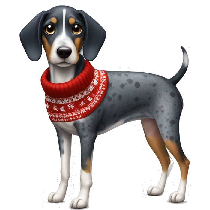 Miniature bluetick hound wearing a Christmas sweater emoji