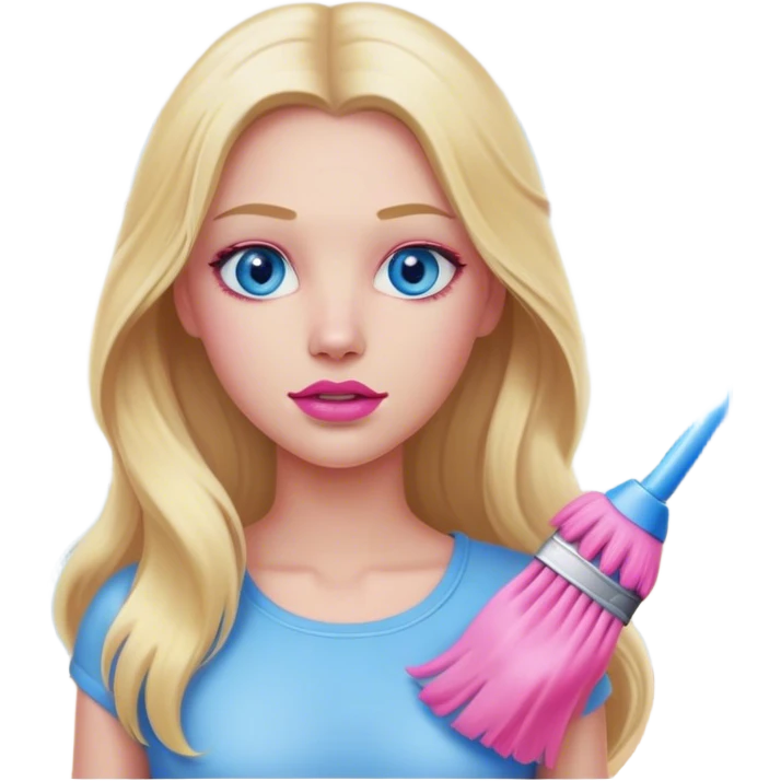 A cinematic realistic blonde with long hair, blue eyes and pink lips cleans a room emoji
