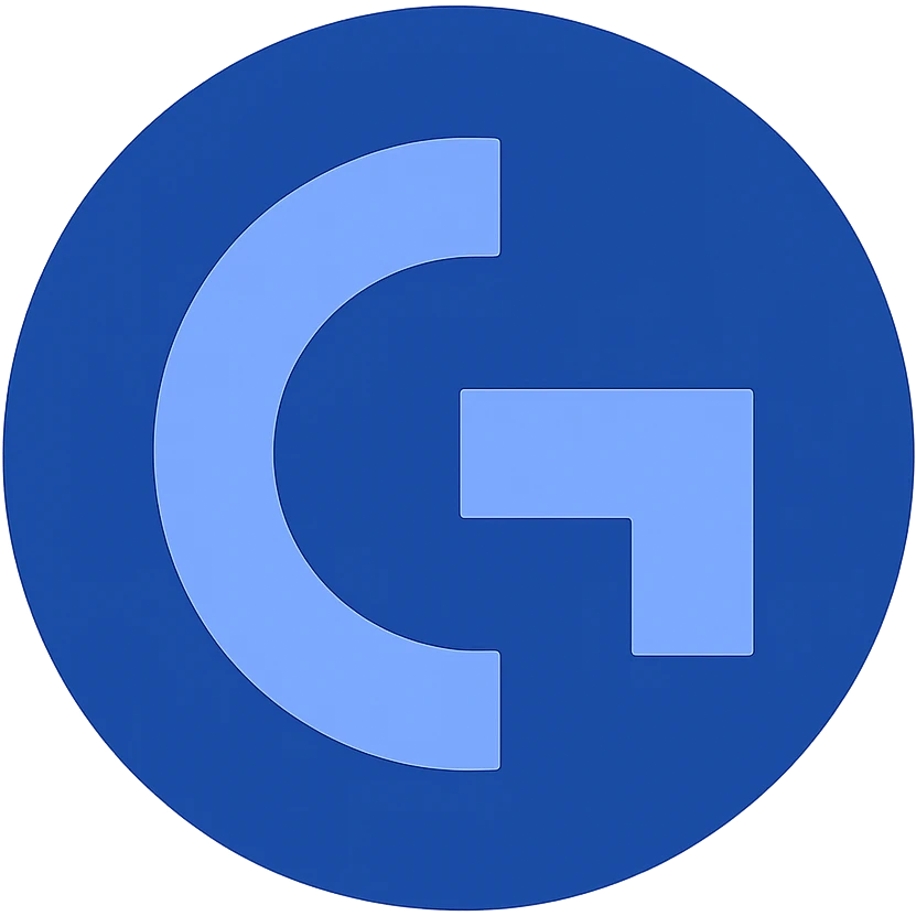 Reimagine the Logitech G Hub logo in a minimalistic, flat blue style consistent with previous icons in this style. Replace the black circle with a blue circle, and use blue shades for the 'G' symbol. Keep the design clean and simple, with a fully transparent background, minimal use of other colors, prioritizing clarity and recognizability. emoji