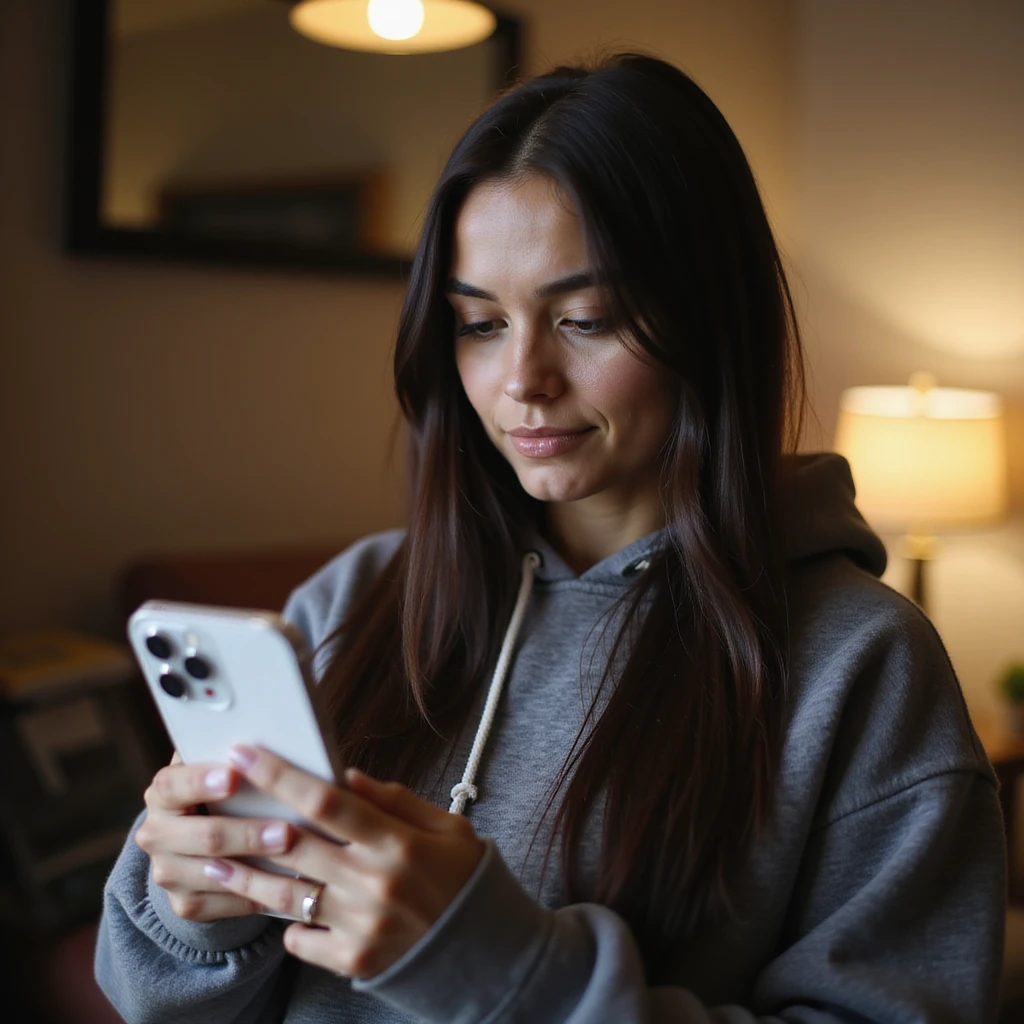 realistic PNG image of a woman with long straight dark brown-black hair holding an iPhone recording a TikTok video wearing a hoodie looking at the phone screen in a cozy indoor space transparent background emoji