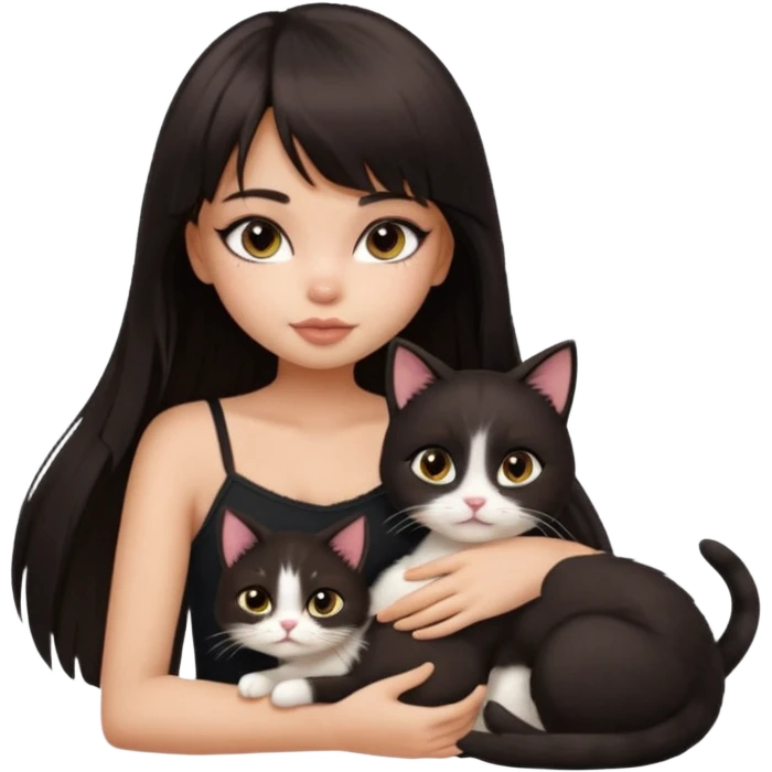 generate a pretty bratz girl in black cami top, dark brown straight long hair with bangs, eyeliner on, cuddling a cat emoji