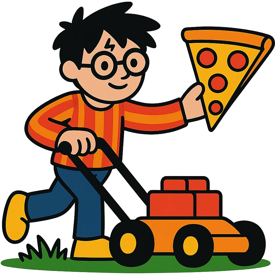 Harry Potter mowing the lawn with pizza emoji