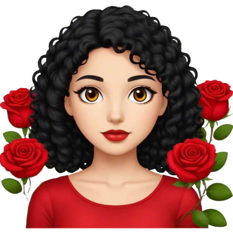 Olive Brown eyes black curly hair red roses backround red top  emoji