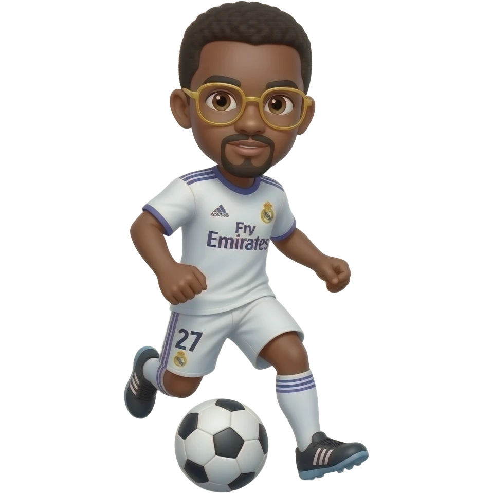 black boy with top black and botom gold glasses playing soccer with a madrid jersey number 27 and a little mustache and a goatee emoji