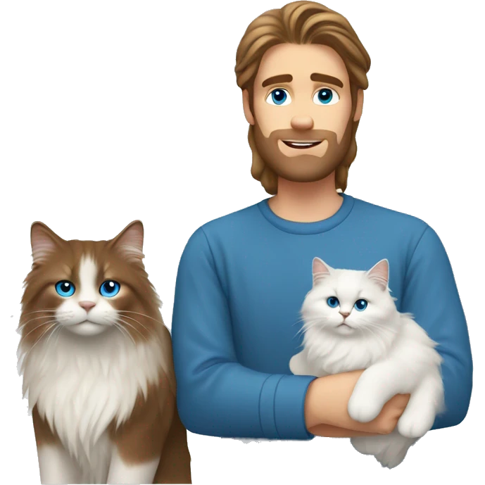 Man with long brown hair and holding a all white Siberian cat with blue eyes emoji