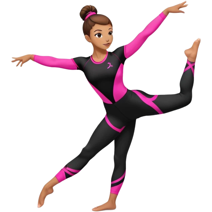 A female gymnast with brown hair in a neat bun, wearing black leggings and a T-shirt with neon pink elements, performing an acrobatic move. emoji
