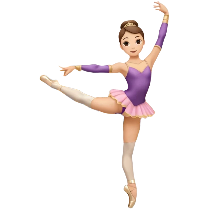 Una chica con vestuario de bailarina con las piernas flexionadas, el dedo índice en la boca, el tren superior inclinado hacia la izquierda y con la cadera proyectada hacia la izquierda emoji