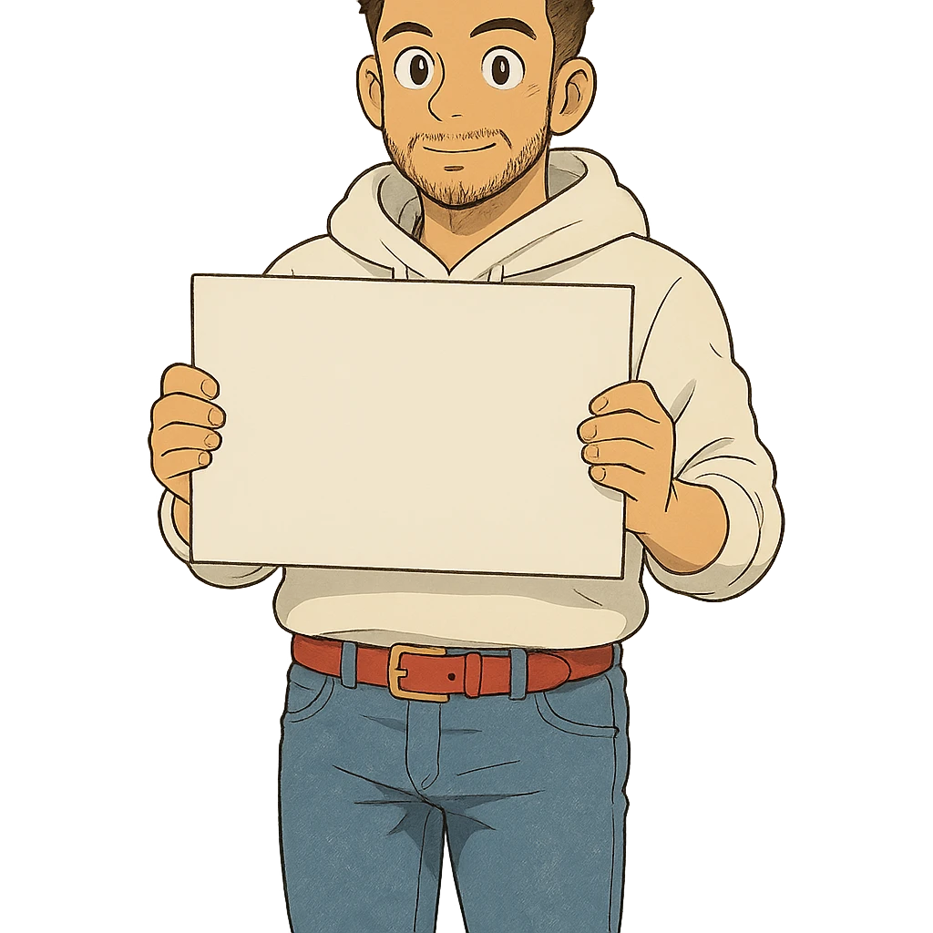 1 male, mid fade haircut dark chestnut brown curly hair, toasted lightskin, white hoodie sleeves up, fashion jeans, red fashion-sneakers shoes, red belt, short trimmed beard and goatee,  style of deku from "my hero academia", pose: holding a blank poster chest level, the image is framed from the waist to above the top of the head emoji