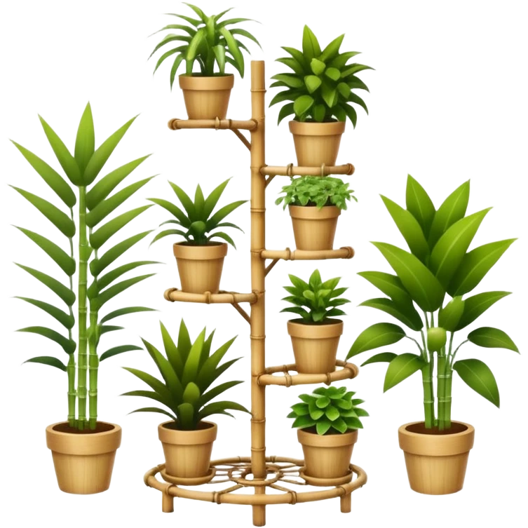 Large multi-tier multi-level spiral plant rack constructed from thin bamboo poles  emoji