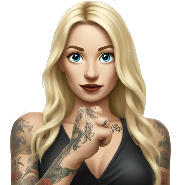 Blonde elegant women with LONG HAIR, her Body Covered with Tattoos, POINTING YOU FORWARD with her HAND with INDEX FINGER, Hyper Realistic emoji
