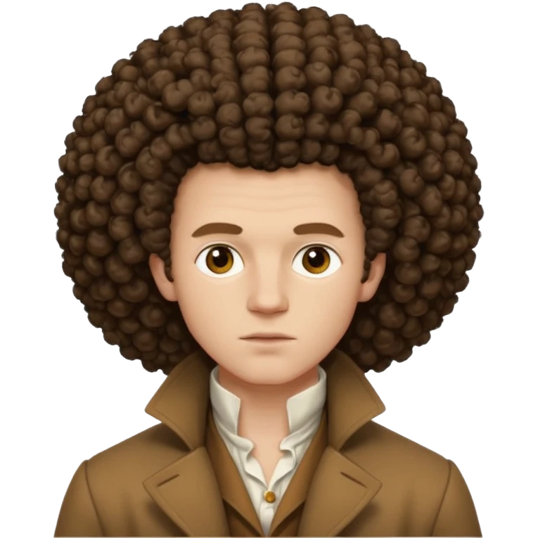 pale man, 1700s, white shirt brown coat, big afro curly hair, not too animated, no jewelry emoji