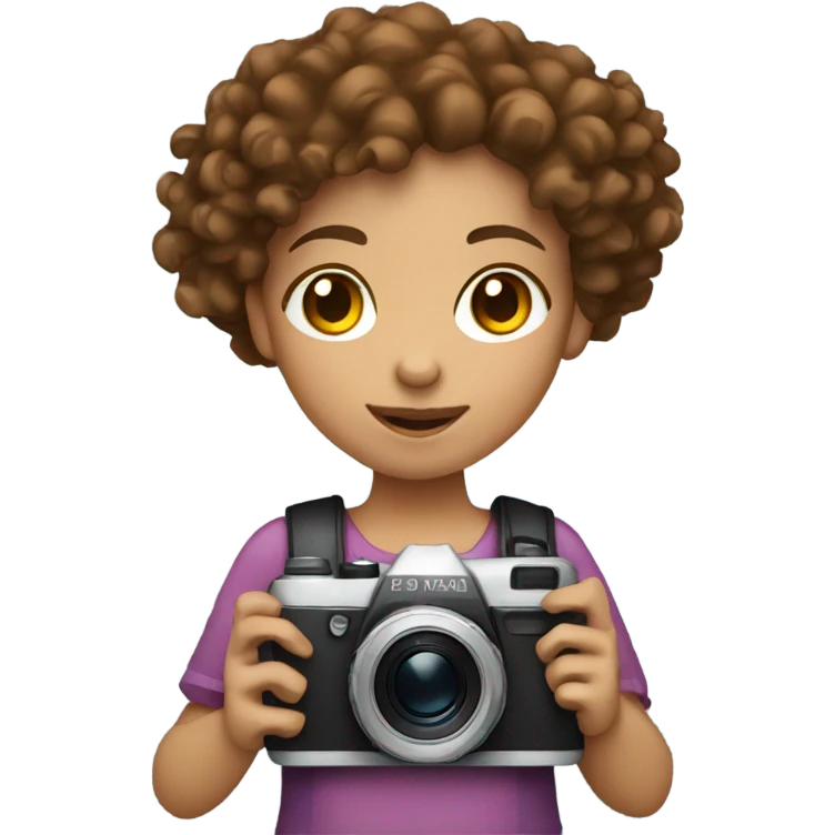 girl whit brown curly hair and fair skin holding a digital camera emoji