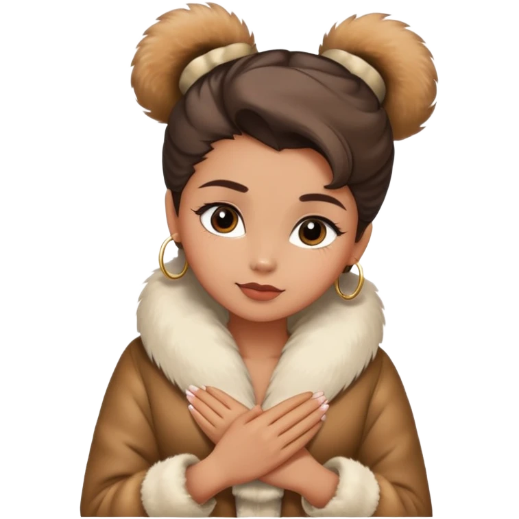 Girl with slick back bow in hair and a cute top with fur coat and she is holding her hands crossed around her neck emoji