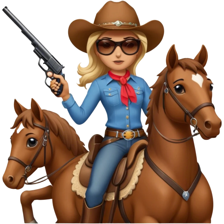 Cowgirl with sunglasses on riding a horse and holding a gun  emoji