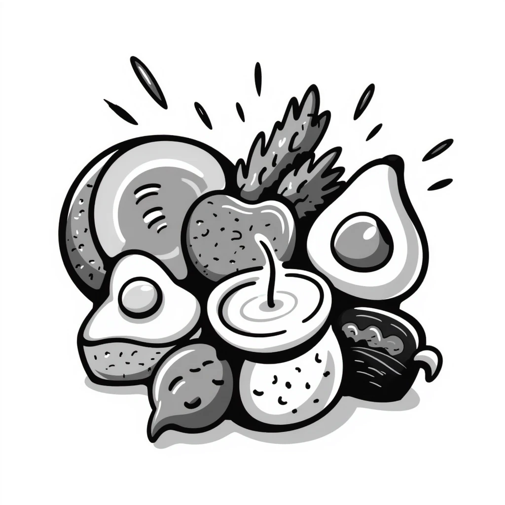 Close up of protein foods (meat, egg, beans, tofu, yogurt) connected together in a unified cluster, glowing with energy, floating in a warm light. emoji