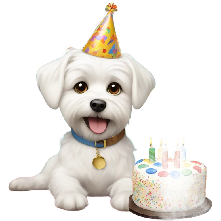 White male small dog wearing birthday hat with a cake  emoji