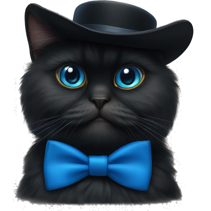 a black persian cat with a tophat and blue bow tie emoji