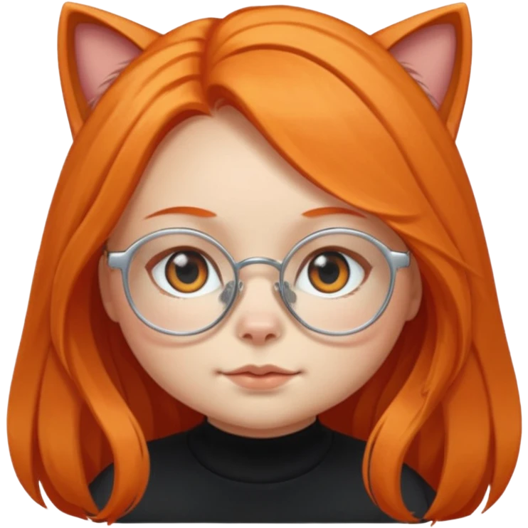 girl with chubby cheeks, very long orange hair, and silver cat-eyed glasses. B lack clothes.  emoji