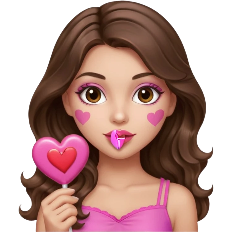 girl with long wavy brown hair, brown eyes, long lashes makeup, sexy pink lips, light to medium complexion, wearing a pink sexy top,, heart lillipop emoji