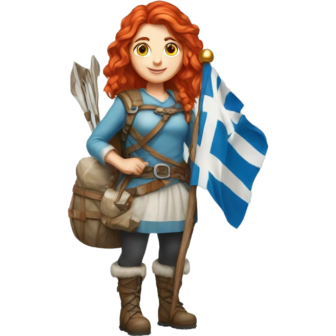 red hair female winter mountaineer offering Easter eggs and Greek flag emoji