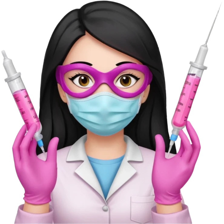 laboratorista con guantes rosa y mascarilla rosa jeringa tubos sin lentes pelo lacio negro y largo emoji