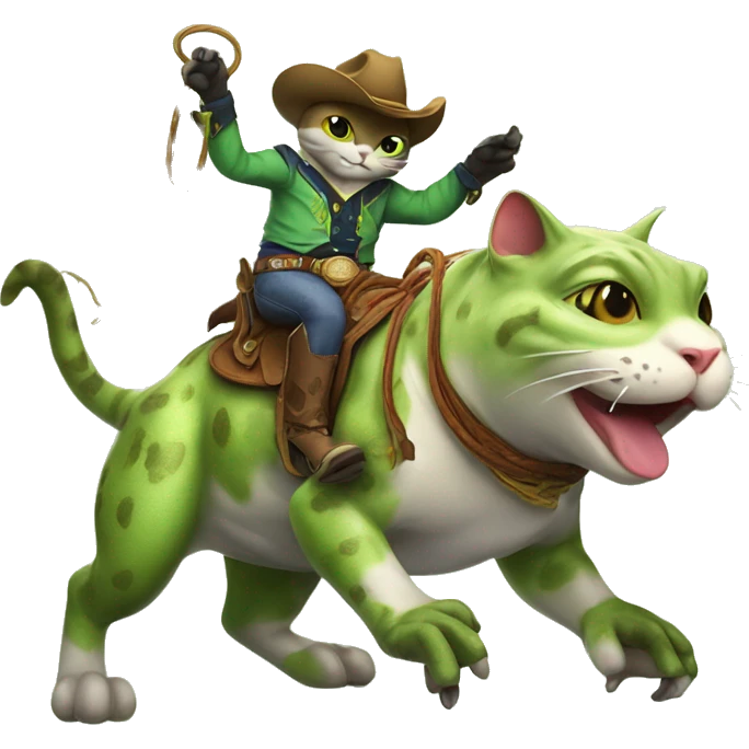 Cowboy cat with a lasso riding on top of a bull frog  emoji