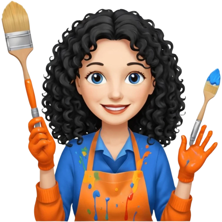 FEMME BLANCHE FRISÉ 60 ANS CHEVEUX NOIR FRISÉ ONDULÉ TRÈS  LONG , SOURIANTE AVEC CHANDAIL ORANGE ,   YEUX BLEU ET UN PINCEAU À LA MAIN LA MAIN AVEC 5 DOIGT SEULEMENT ET TABLIER emoji