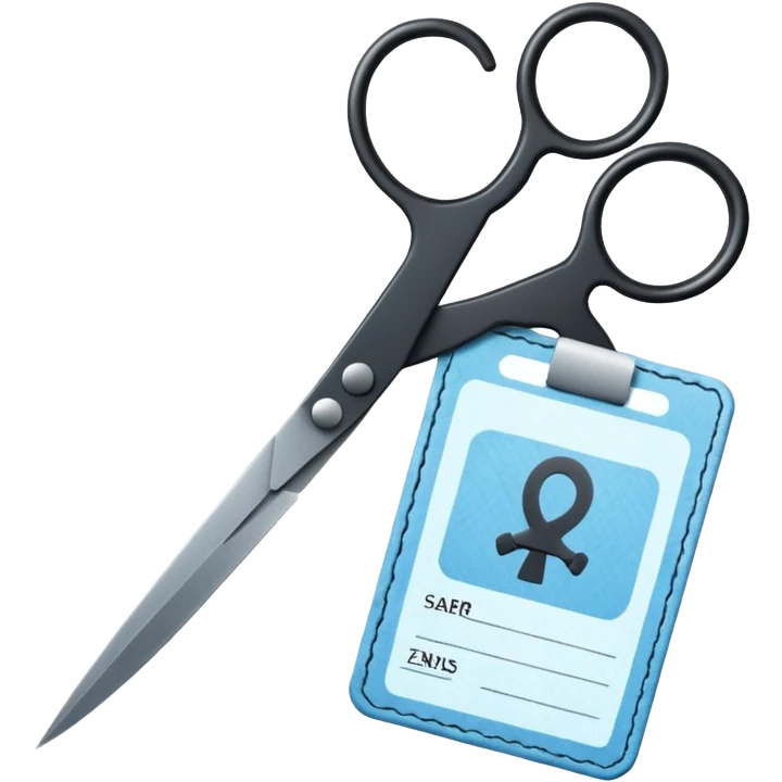 Floating black Scissors cutting a light blue military ID card in 2 parts .hyper realistic emoji