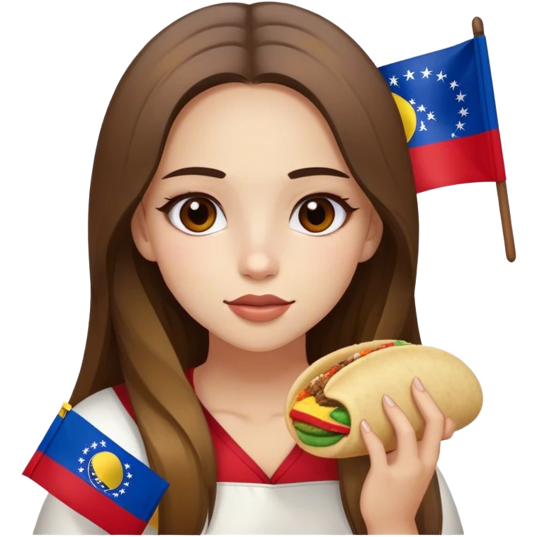 Chica bella con cabello balayage largo liso y ojos marrones comiendo arepa y bandera de Venezuela  emoji
