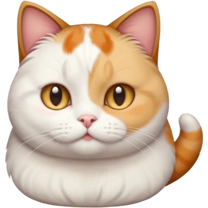 calico and white cat with small head, hazel eyes, and short but chubby body emoji