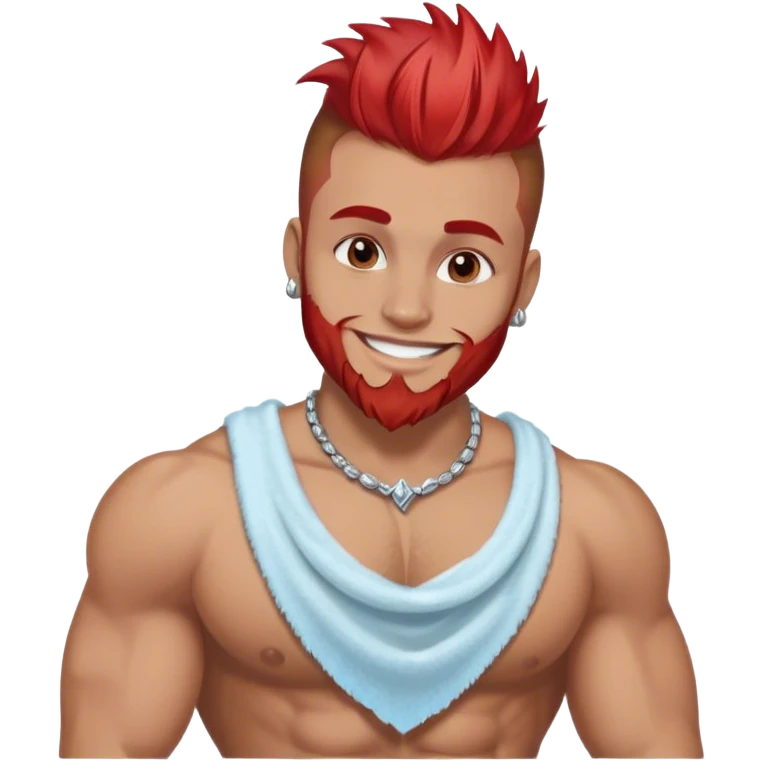 smiling muscular 28 year old man with silver jewelry, light brown hair that has and red highlights, and a fauxhawk with trimmed beard cleaning emoji