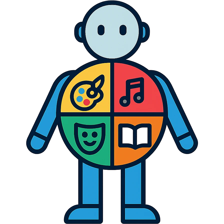 A metal humanoid figure with a circular torso divided into four colored segments, containing icons for painting, music, theater, and literature emoji