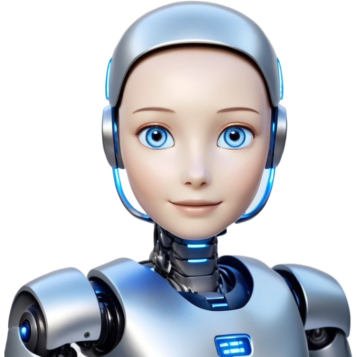 Create a cinematic GIF sequence of a humanoid AI robot. The sequence should show a character transformation:

INITIAL FRAMES:
- The robot has a friendly face with glowing blue eyes
- Warm lighting creates a trustworthy appearance
- The robot smiles gently at the viewer
- Body language appears helpful and non-threatening
- Perhaps slight head tilt conveying curiosity/friendliness

MIDDLE FRAMES:
- The lighting gradually shifts to more dramatic/shadowy
- The robot's smile begins to look slightly forced
- Eyes start transitioning from blue to red/orange
- Subtle changes in posture becoming more rigid/imposing

FINAL FRAMES:
- The robot's smile has transformed into a menacing grin
- Eyes now glow ominous red
- Darker lighting creates sinister shadows across its face
- Overall appearance reveals its true villainous nature

Style: Photorealistic with slight stylization, smooth transitions between frames, cinematic lighting emoji