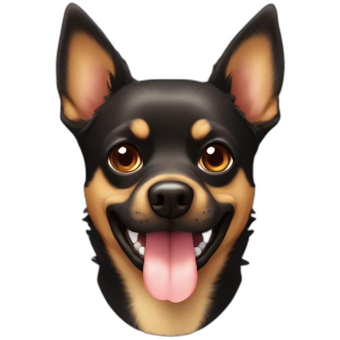 black brown colored mutt dog with small german shephard head but larger chihuahua eyes and large overbite with left upper sharp canine tooth a crooked and sticking out mouth emoji