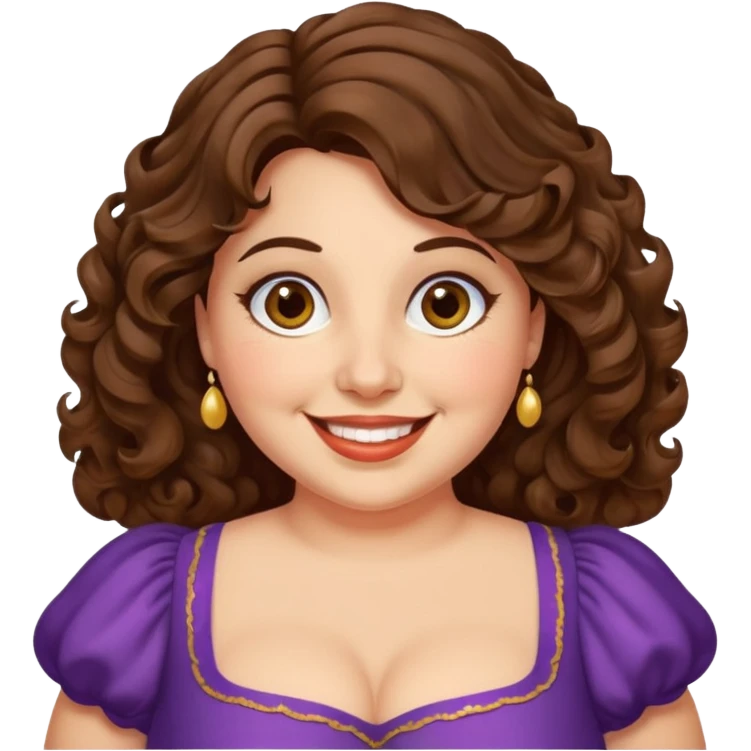 30 yr old italian woman, chubby, brown wavy hair, big brown eyes, huge smile, fancy dress emoji