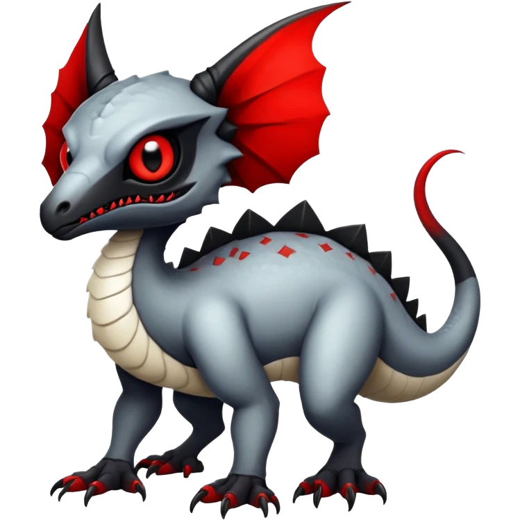 a white exotic edgy vernid-fionbr-Fakémon-creature, with black belly and red eyes, full body emoji